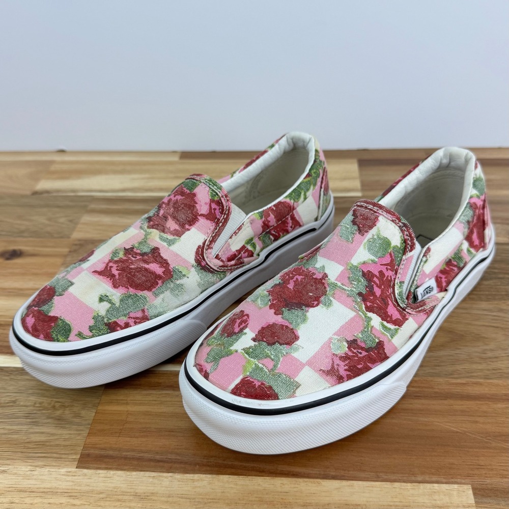Vans Slip On Pink Floral Roses Plaid Canvas‎ Low Top Skate Sneaker Women's 5